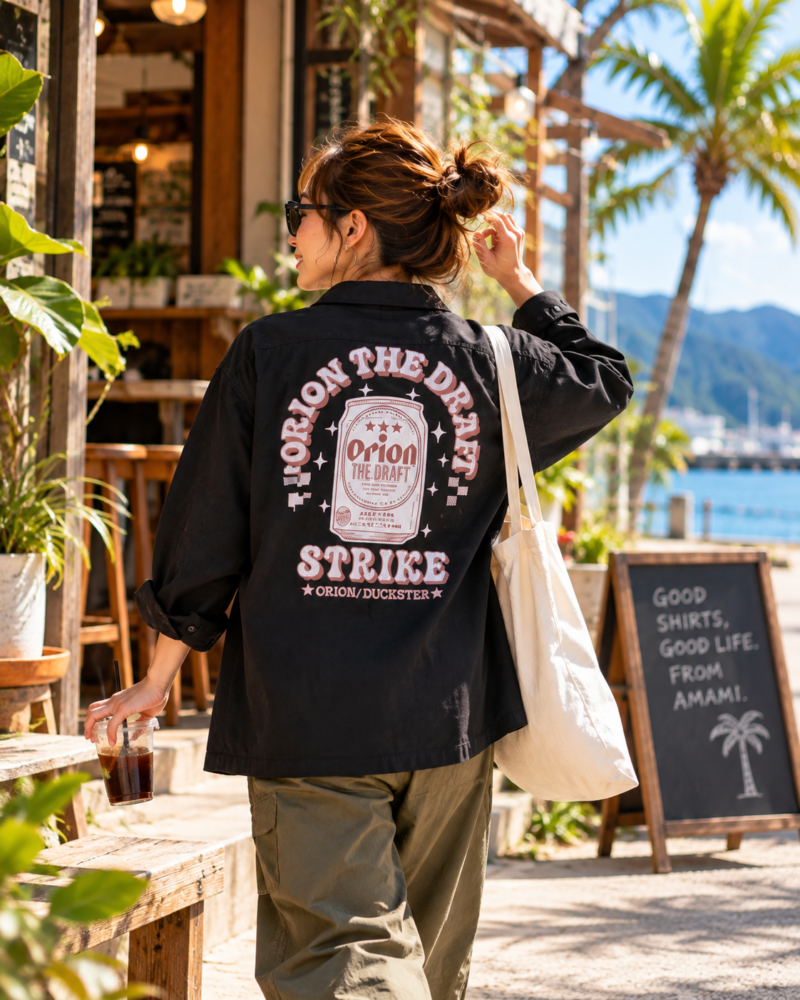 DUCKSTER オリオンビールコラボシャツ BLACK レディースコーデ